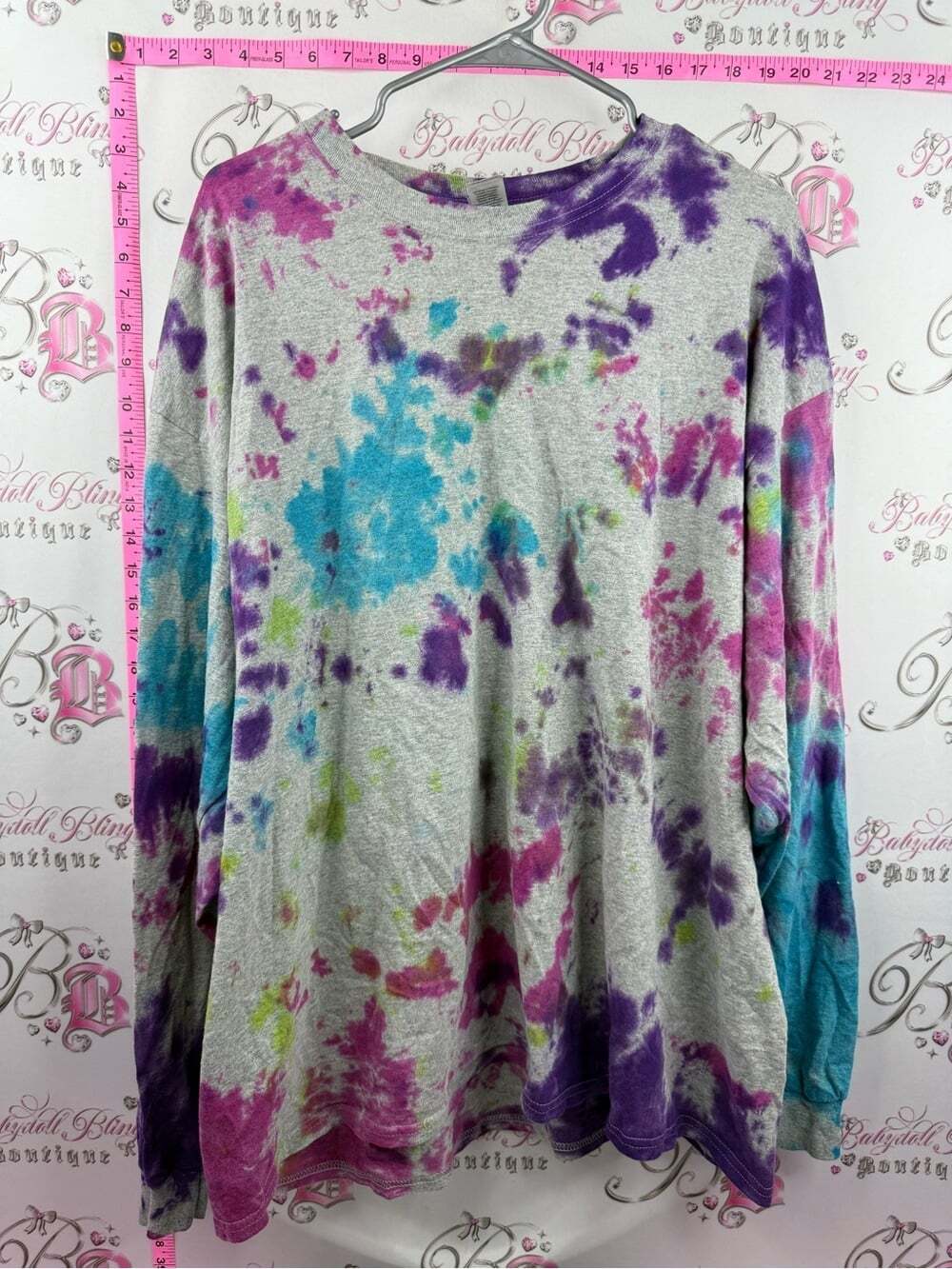Gildan Gray Long Sleeve Crewneck with Purple, Blue, Pink & Green Tie-Dye